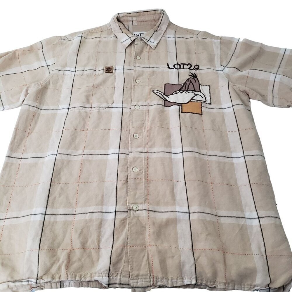 Lot 29 Daffy Duck Plaid Shirt Linen Cotton Short Sleeve Button Up Mens Size XL